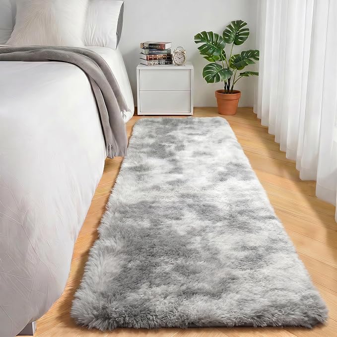 2x6 Runner Rugs for Bedroom Living Room, Fluffy Tie-Dyed Light Grey Bedside - Image 3