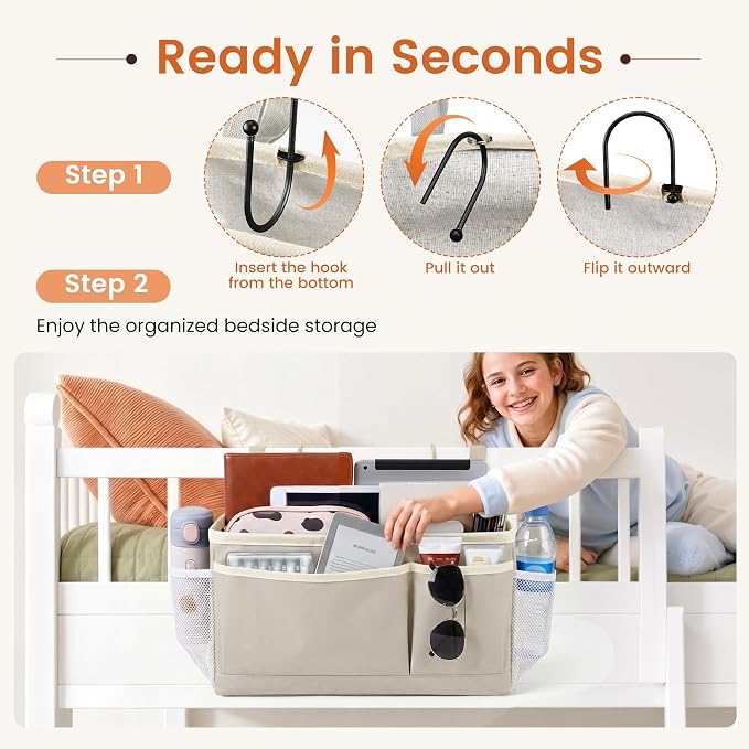 Bedside Caddy for Dorm Bed, Bedside Storage Bag Hanging Organizer | Metal Frame - Image 5