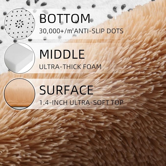 Beige Round Shag Area Rug for Bedroom, Washable Fuzzy Carpet for Room Boys - Image 2