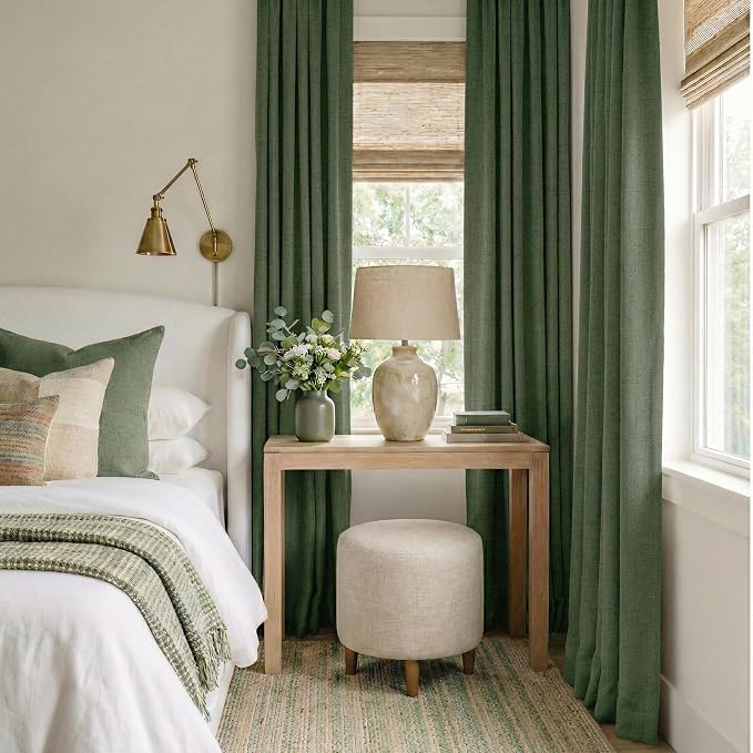 RYB HOME Olive Green 100% Blackout Linen Curtains 102 Inch - Image 2
