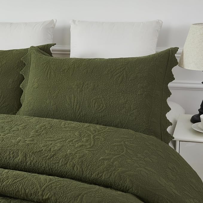 Brandream Olive Green Floral Vine Cotton Quilt Set King Size Luxury Scalloped - Image 7