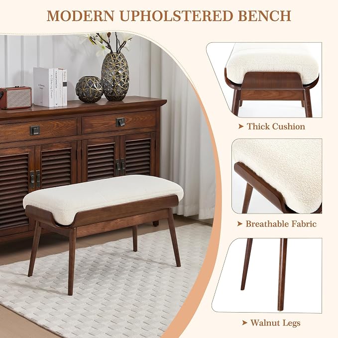 BFZ 37.4" Upholstered Bedroom Bench Walnut Wood Frame Entryway Bench | Padded - Image 4