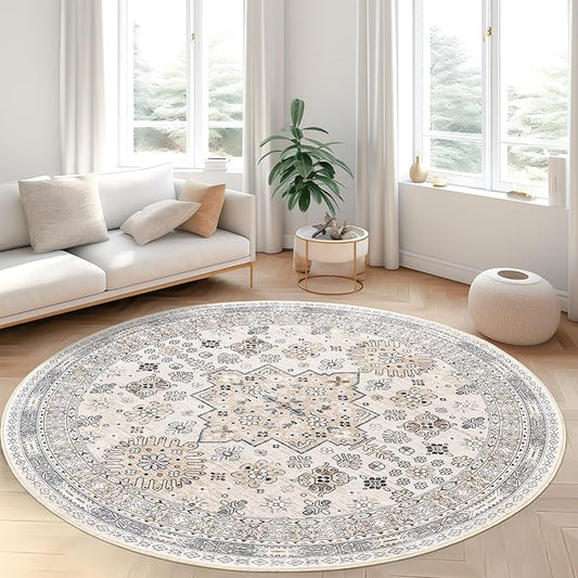 zesthome Washable Round Area Rugs - Non-Slip 6ft Round Rugs, Ultra-Thin Large Circle Rugs for Living Room, Soft Low Pile Rug for Bedroom, Kitchen, Nursery - Vintage Stain Resistant Round Rug