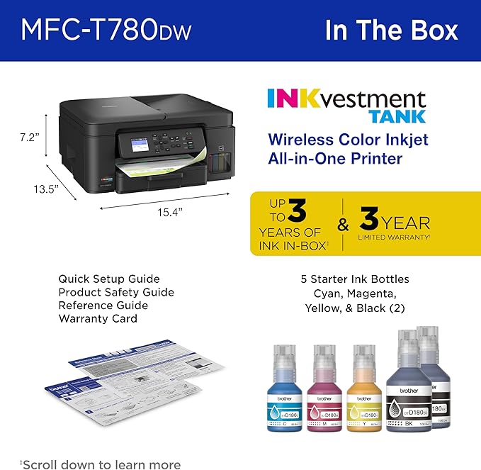 Brother INKvestment Tank 780 Wireless Color Inkjet All-in-One Printer with Duplex Printing | Includes up to 3 Years of Ink in-Box(1) and a 3-Year Limited Warranty(2) (MFC-T780DW)