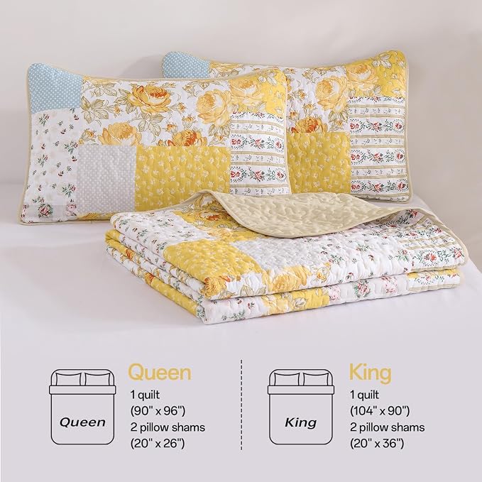 Yellow Patchwork Quilt Set Queen Size, Rose Floral Plaid Bedspread | 3 Pcs - Image 8