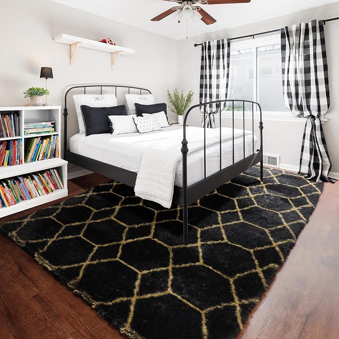 7x9 Area Rugs for Living Room Bedroom, Large Boho Fluffy Black and Gold Throw - Image 6