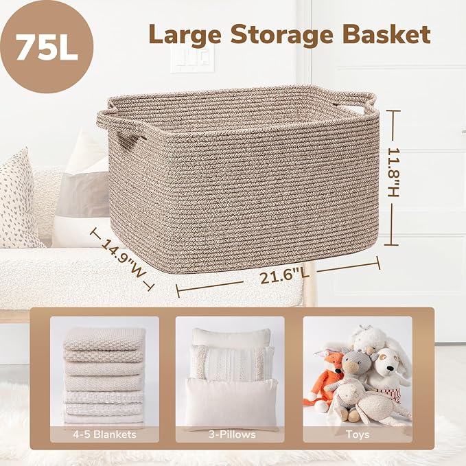 Goodpick Large Woven Rope Blanket Basket, 75L | 21.6'' x 14.9'' x 11.8'' - Image 3