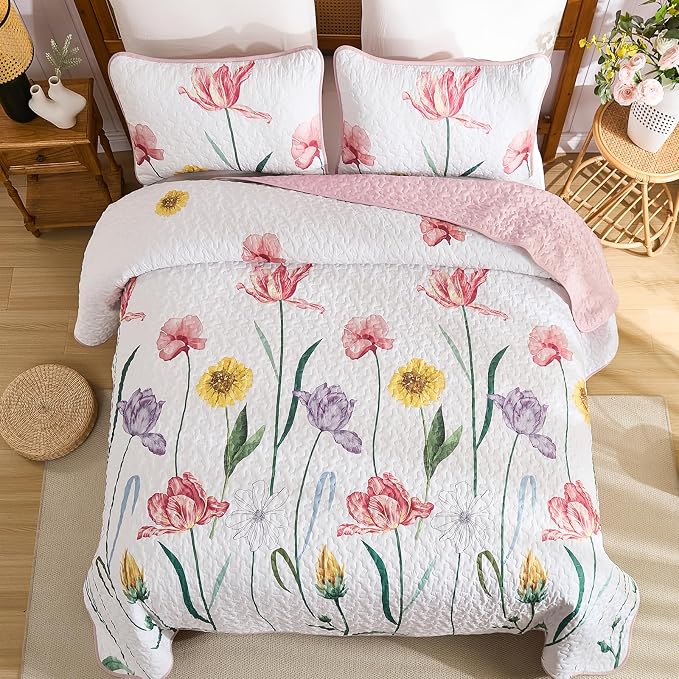 WONGS BEDDING Pink Quilt Set King, 3 Pieces Colorful Delicate Floral Bedspread - Image 4