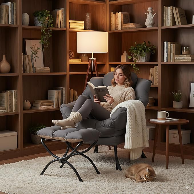 Lazy Chair with Ottoman, Comfy Accent Reading Chair, Dark Grey | Foldable - Image 7