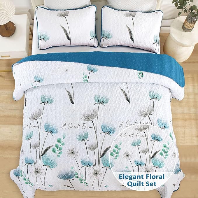 Dinjoy King Quilt Set, 3 Pieces Teal Boho Bedspreads, Fall Flower Bedding | - Image 2