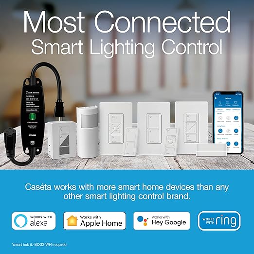 Lutron Caseta Original Smart Light Switch (Lutron Smart Hub Required), for Home, LED Lights, and Fans, 6 Amp, Single-Pole/3-Way, Neutral Required, PD-6ANS-WH-6-Pack, White, 6 Pack