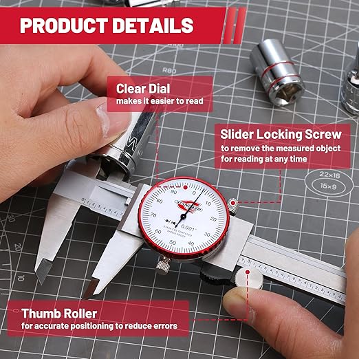 Standard Gage 0-6" Range SAE Dial Caliper Measuring Tool, Analog Precision Micrometer Caliper ±0.001" Accuracy, Manual Mechanical Metal Stainless Steel Measuring Dial with 4-Way Measurements