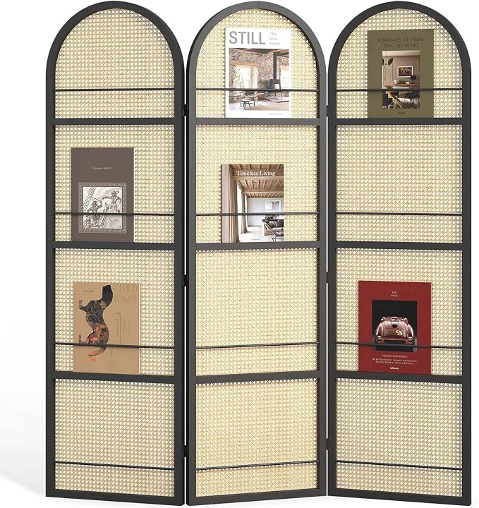 Rattan Room Divider with Built-in Bookshelf | Foldable Privacy Screen & - Image 9