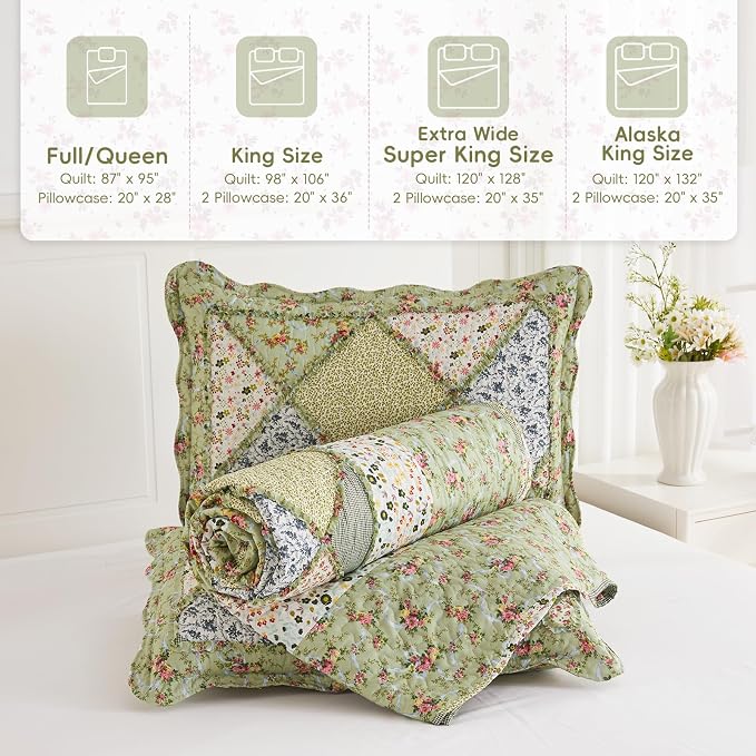Oversized King Size Quilt Set 128x120 Green Floral Patchwork Bedspread Set | - Image 7