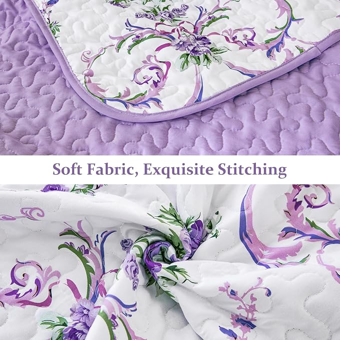 Anibedding Purple Queen Quilt Set, 3 Pieces Floral Pattern Quilts Bedspread | - Image 6