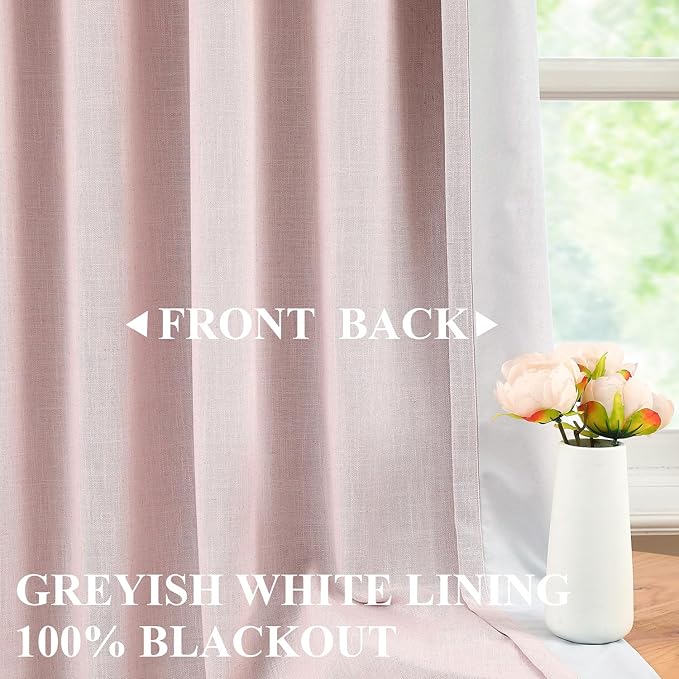 Vision Home Pink Linen Full Blackout Curtains for Bedroom Living Room Darkening Soundproof Window Curtains 102 inch Thermal Insulated Rod Pocket Back Tab Linen Drapes 2 Panels 56" Wx102 L