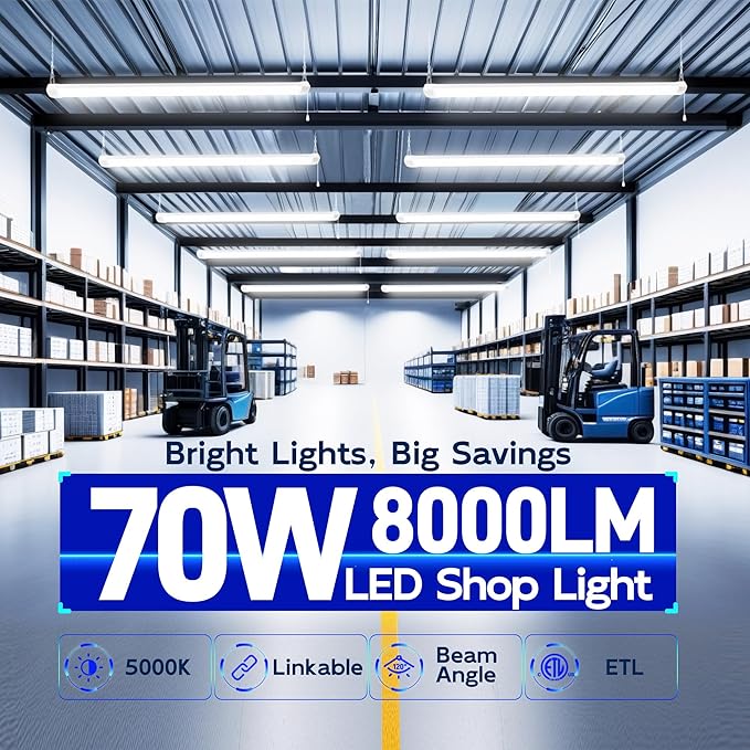 hykolity 4FT 70W LED Shop Light Linkable, 8000lm(300w Equivalent), 5000K Utility Shop Lights for Garages, Workshops, Basements, Hanging or FlushMount, with Power Cord and Pull Chain, ETL, White,1 Pack