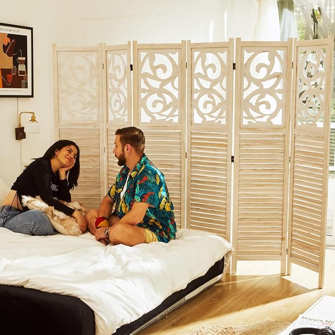 Svimi Folding Room Divider, 5.6Ft 6 Panels Wood Carved Privacy Screens - Image 4