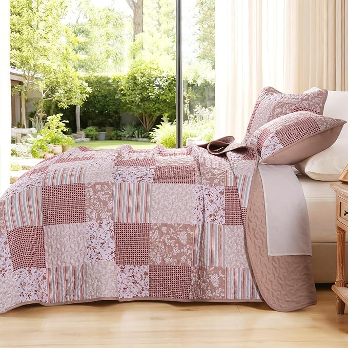 Mybedsoul Patchwork Quilt Set King Size, 3 Pieces Pink Floral Plaid Bedspread - Image 3