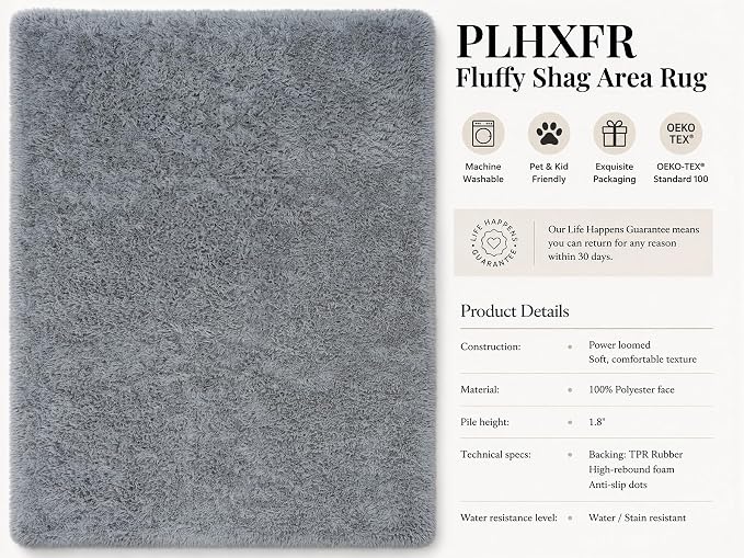 PLHXFR 8x10 Area Rugs Living Room: Fluffy Bedroom Rug Shag Carpet Grey | - Image 4