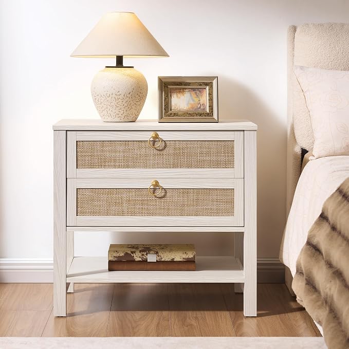 SICOTAS White Rattan Nightstand, Wide Bedside Table by SICOTAS