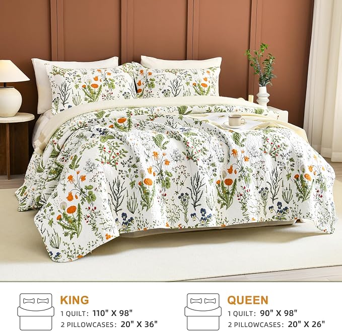 QSH 100% Cotton Floral Quilt Queen Set Yellow Flowers Leaves Plants Pattern - Image 5