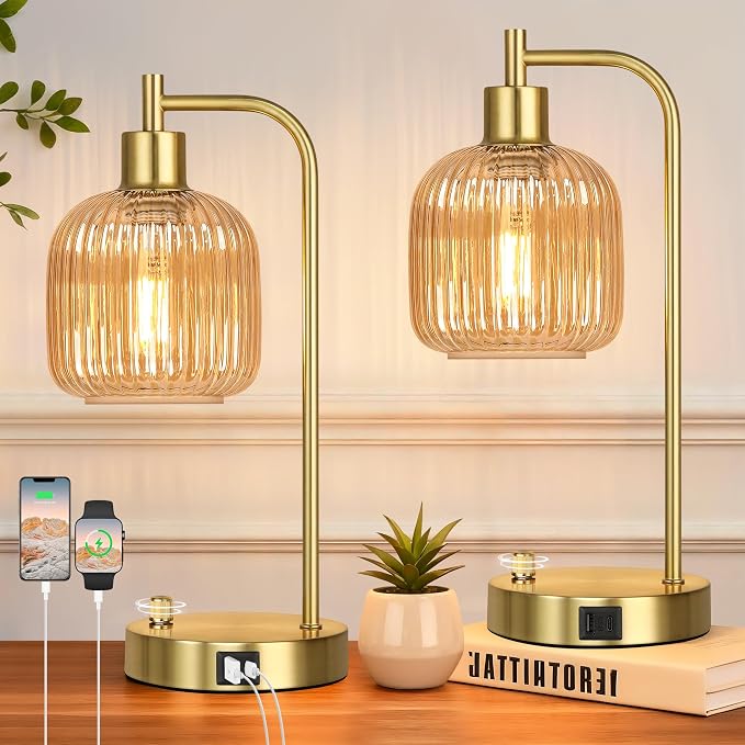 Champagne Glass Table Lamps Set of 2, Dimmable Bedside Lamps by Qimh