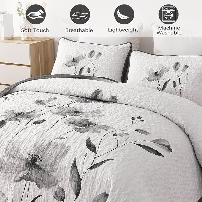 Mybedsoul King Size Quilt Set Grey, Reversible Polyester Coverlet Set - Image 4