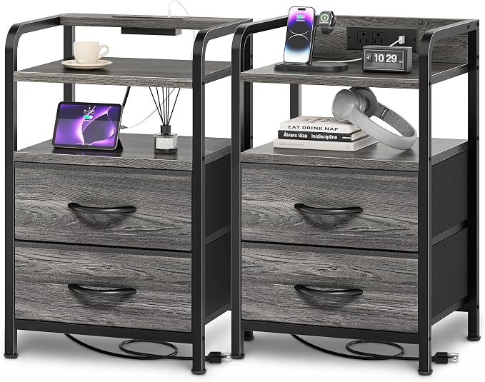 Huuger Nightstands Set of 2, Night Stand, Charging Station, USB-C Ports | 2 by Huuger