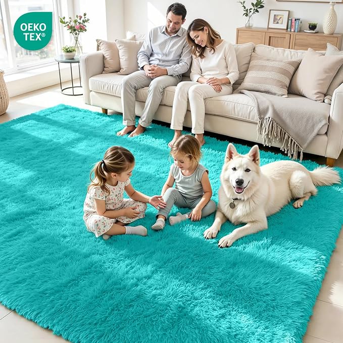 8x10 Fluffy Area Rug for Living Room: Non-Slip Turquoise Bedroom Carpet | Ultra - Image 4
