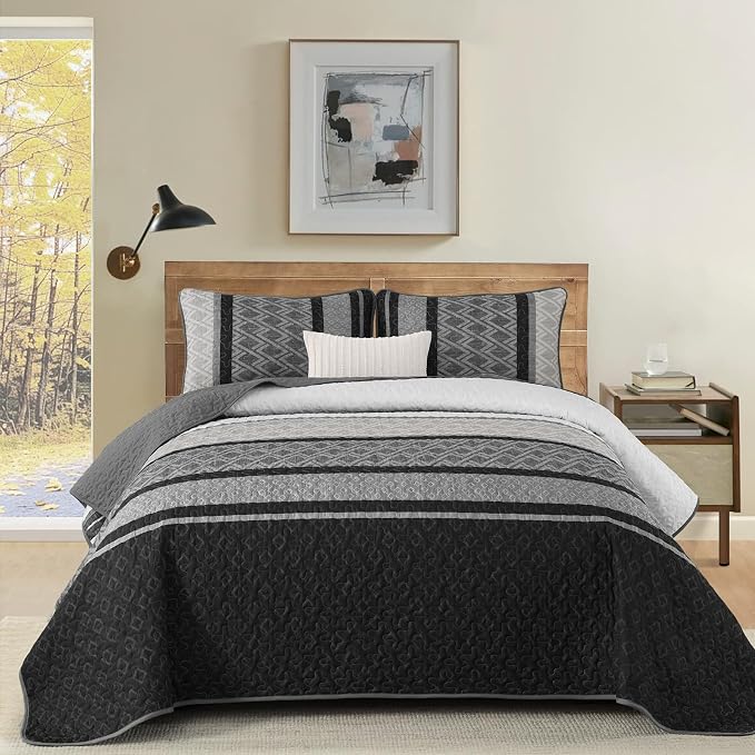 Dinjoy Quilts King Size, Striped Bedspread Bedding Sets, Dark Grey | 3 Pieces - Image 2