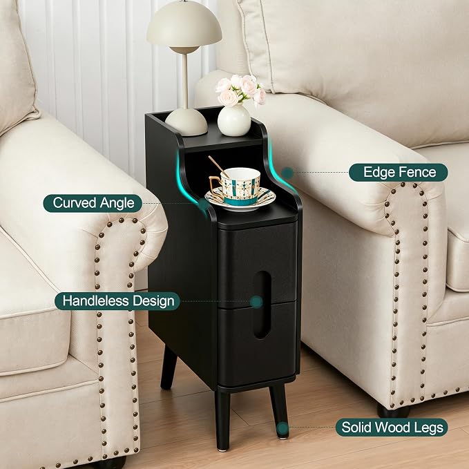 Black Narrow Nightstand, Wood 2 Drawer Small Nightstand, Slim Side Table - Image 9