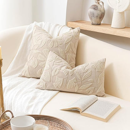 BlissBlush Light Beige Soft Velvet Decorative Accent Lumbar Throw Pillow Cover 12X20, Neutral Floral Tufted Soft Farmhouse Textured Pillowcase, Accent Pillowcase for Couch Sofa Bed Living Room