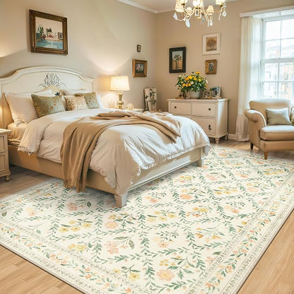 10x12 Area Rugs for Living Room: Floral Washable Rug Vintage Large Soft Boho Non-Slip Carpet Stain Resistant Low Pile Carpets for Bedroom Dining Room Farmhouse Nursery Hallway Home Office Beige/Multi