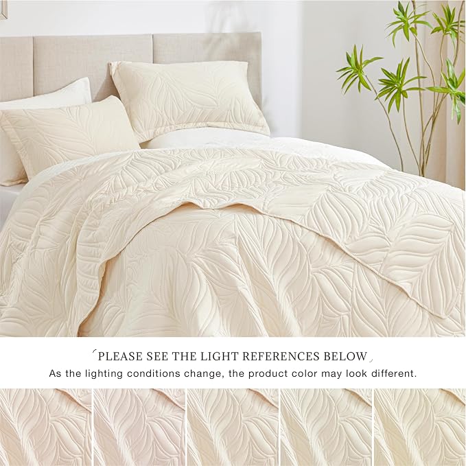 EXQ Home Queen Quilt Set Leaf Pattern Beige Bedspread | Bedding Set - Image 6