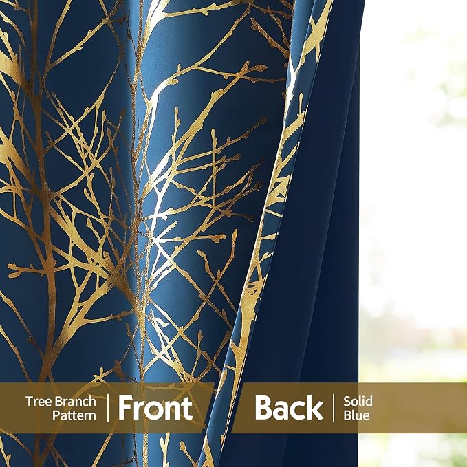 FMFUNCTEX 100% Blackout Navy Gold Foil Tree Curtains 96 Inch Long 2 Panels | - Image 6