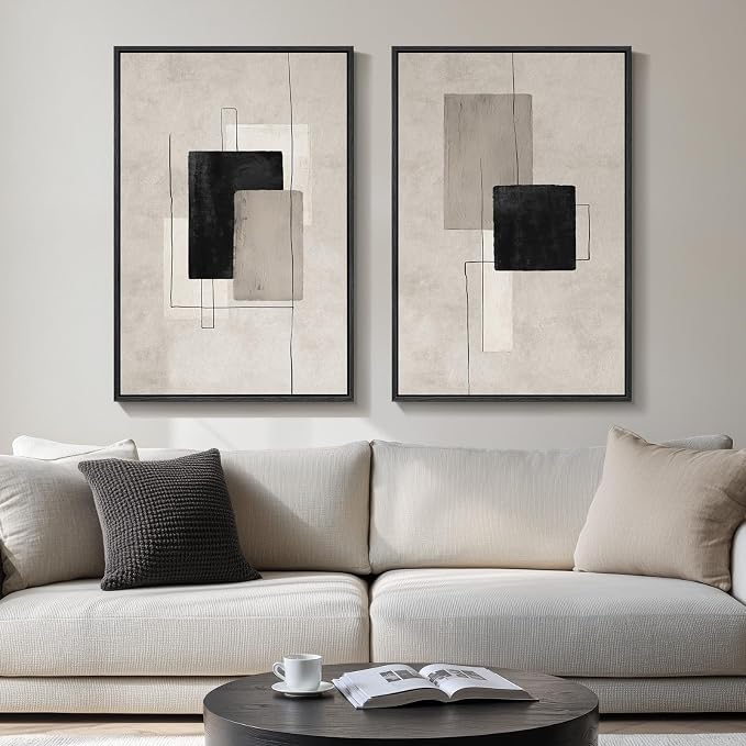 Large Framed Neutral Black Beige Abstract Wall Art Set of 2, Modern Canvas by Cuspin