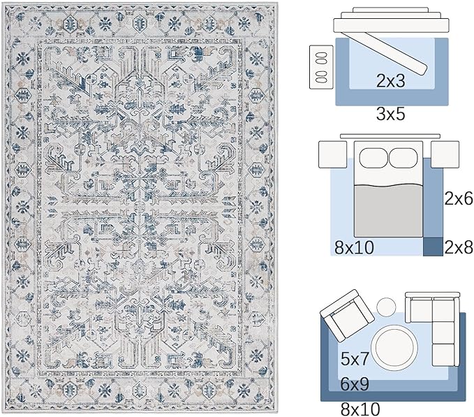 jinchan Lima Hallway Runner Rug 2x10 - Kitchen Washable Rug Floral Runner Non Slip with Rubber Backing Ultra-Thin Vintage Carpet for Bedroom Laundry Room Living Room (2x10ft, Blue)