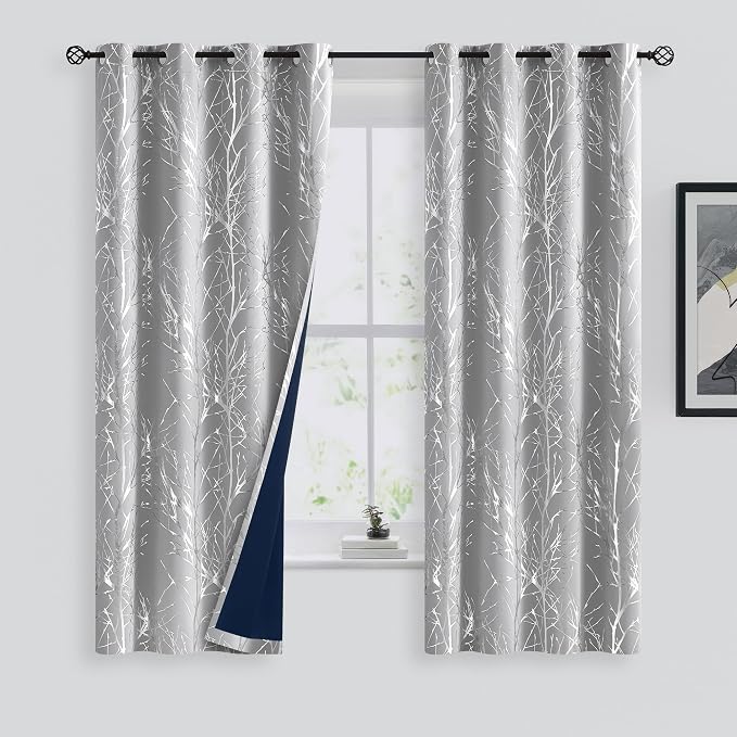 FMFUNCTEX 100% Blackout Grey Silver Foil Tree Curtains 63 Inch 2 Panels | - Image 2