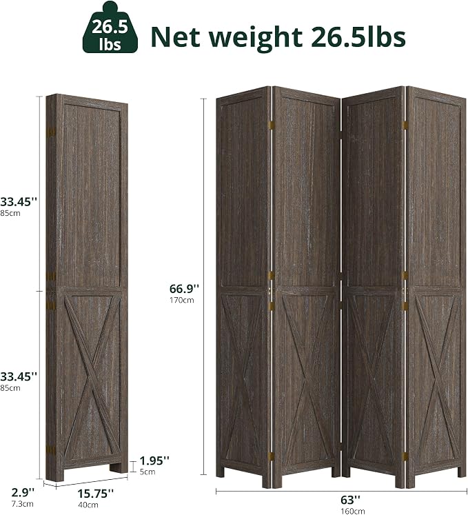 4 Panel Folding Room Divider, Solid Wood Privacy Screen, Freestanding Partition - Image 2