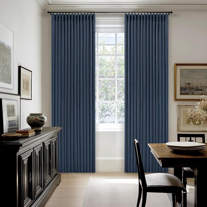 100% Black Out Pinch Pleated Linen Boho Curtains Navy Blue 80 Inch Length | - Image 8