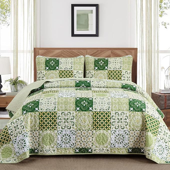 Dobuyly Green Quilt Set Queen Size, Boho Sage Green Plaid Patchwork Bedspreads by Dobuyly