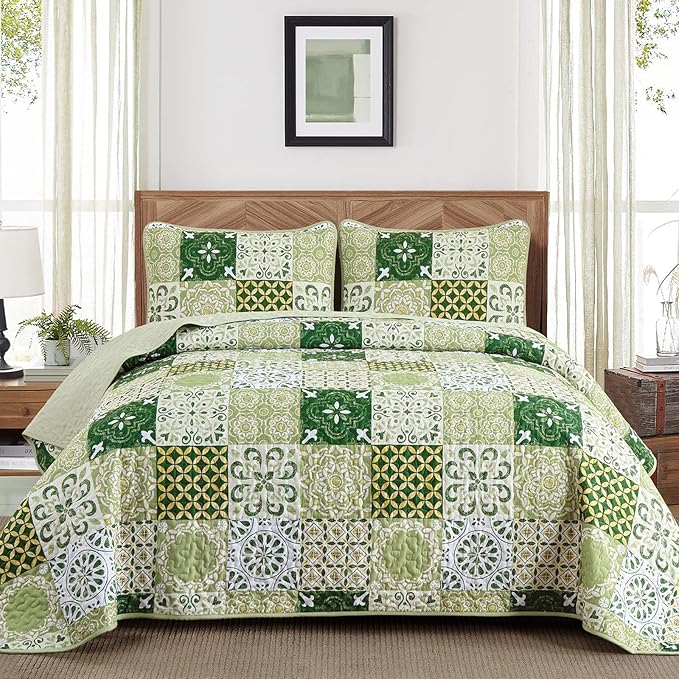 Dobuyly Green Quilt Set King Size, Boho Sage Green Plaid Patchwork Bedspreads by Dobuyly