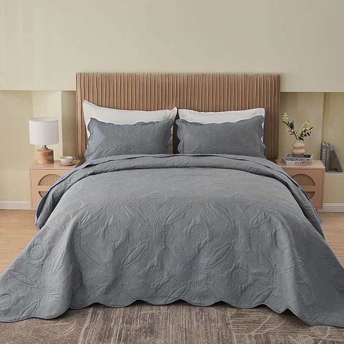 Kingnex Oversized Cal King Bedspreads 120x120 Ultrasonic Quilted Grey | - Image 2