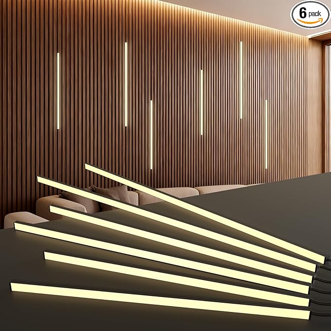 NeatiEase LED Recessed Lighting Kit for Wood Slat Wall Panel, 6 Pcs Self-adhesive 3000K Warm LED Light with Smart Switch and Adjustable Brightness for Cabinet, Headboards, Kitchen (2*24"+2*20"+2*16")