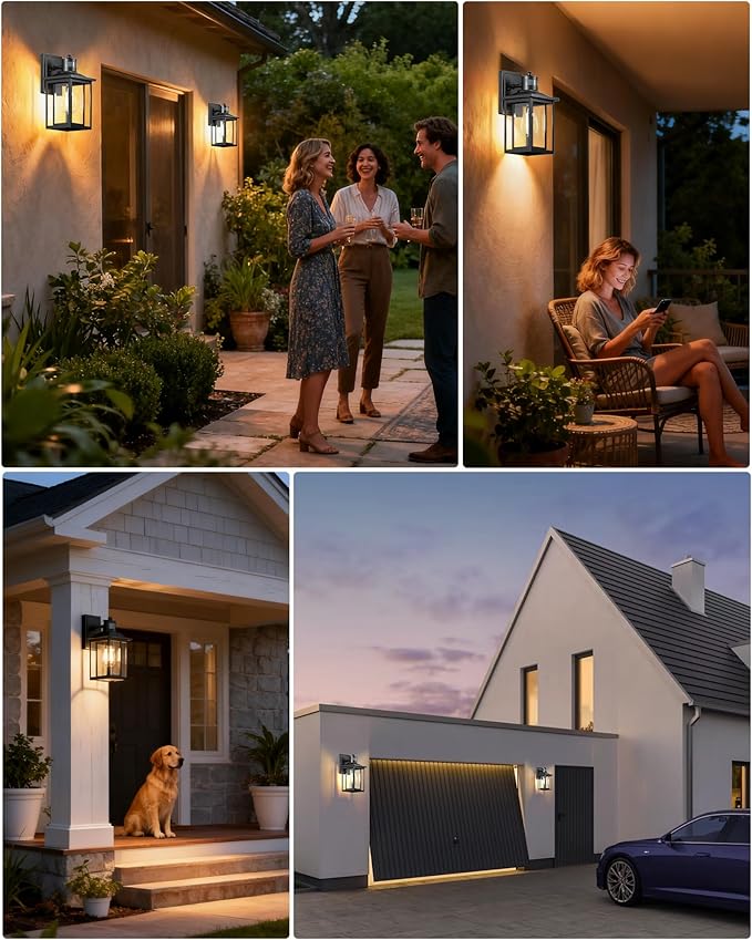 LTBLIGHT 2-Pack Motion Sensor Outdoor Lights, Modern Black Dusk to Dawn Porch Light Lanterns with 4 Modes, Waterproof Exterior Lighting for House, Patio, Garage, Front Door, 120V