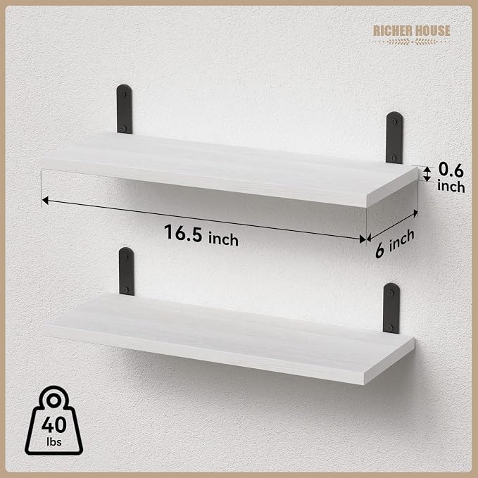 RICHER HOUSE Rustic Wood Floating Shelves, 2-Set Wall Mounted Shelves, 16In | - Image 3