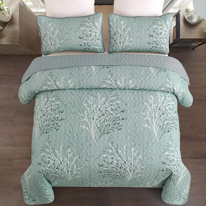 DJY Aqua Quilt Set Queen Size Branch Botanical Bedspread Coverlet Set | 3 - Image 2