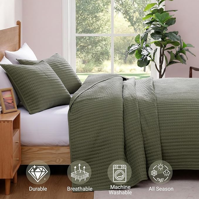 Olive Green California/Oversized King Size Quilt Bedding Set | Lightweight Soft - Image 5