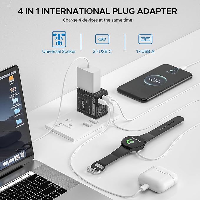 Universal Travel Adapter 30W GaN, KEY POWER All-in-One International Power Adapter with 2 USB-C & 1 USB-A, Worldwide Plug Converter for EU/US/UK/AU in 200+ Countries